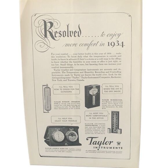 Vintage 1934 Taylor Instruments Resolved Ad Advertisement - Picture 1 of 4